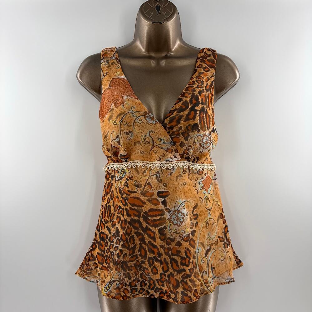 California Krush Vintage Y2K Leopard Paisley Lace Babydoll Top